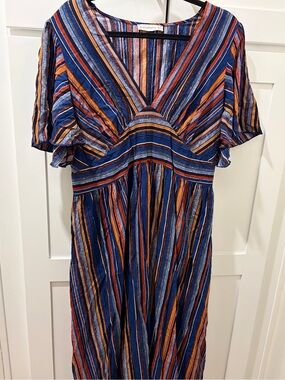 Striped Contrast Dolman Sleeve Shirred Split Flutter Dress